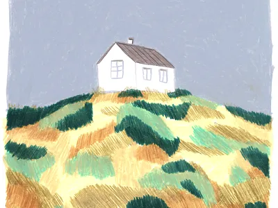 House in Meadow art branding crayon drawing editorial house illustration pastel texture traditional