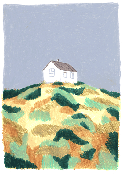 House in Meadow art branding crayon drawing editorial house illustration pastel texture traditional