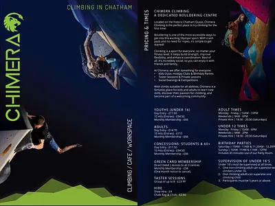 Chimera Leaflet Re-design bouldering brand coherency branding climbing centre commercial graphic design leaflet redesign zine