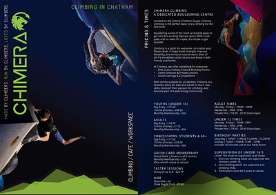 Chimera Leaflet redesign bouldering brand coherency branding climbing centre commercial graphic design leaflet redesign zine