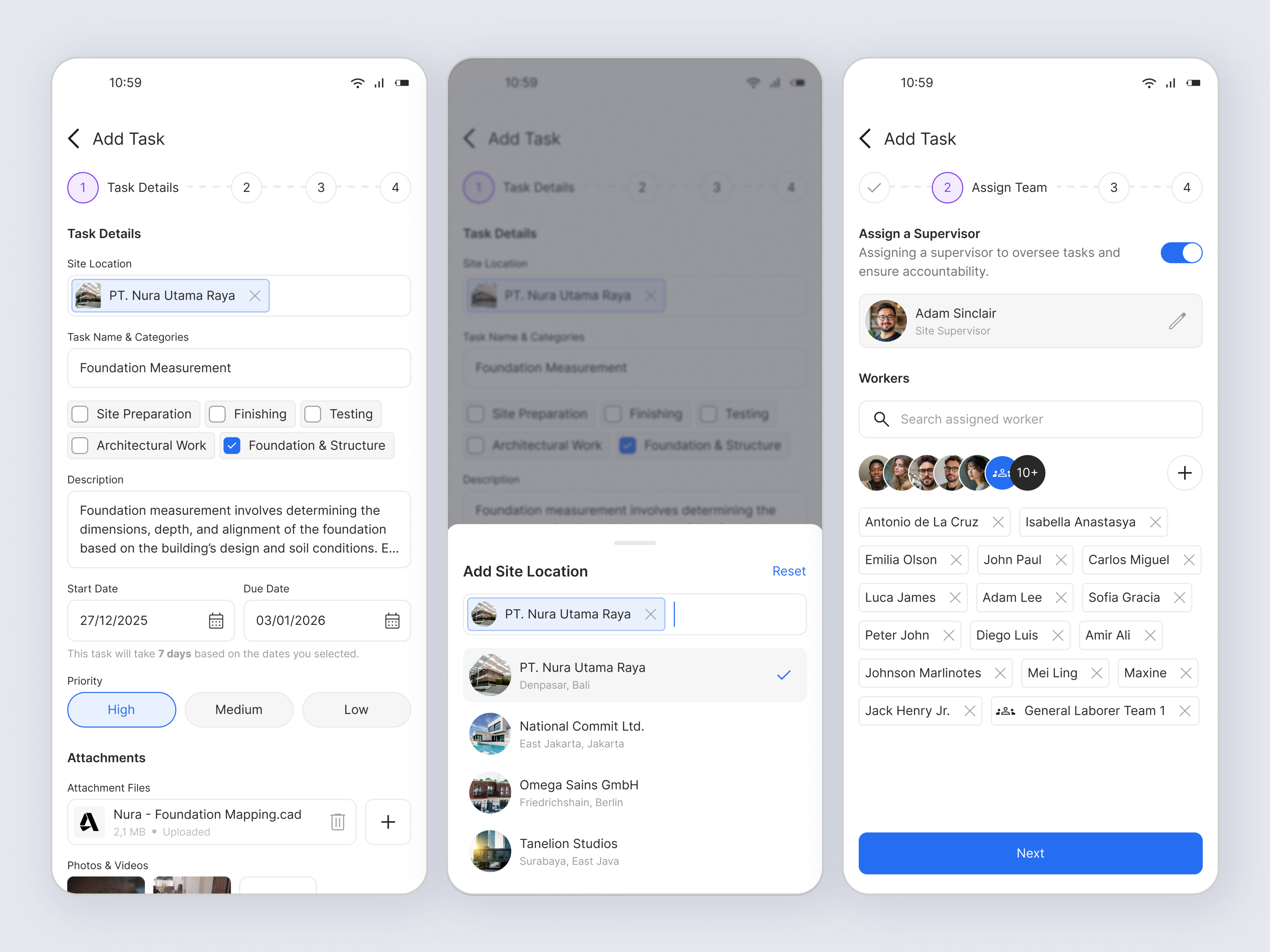 Add Task Screen - Employee Management App add task apps assigment attachment construction construction site employee hr location manage management mobile people priority project site site supervisor task task manager ui