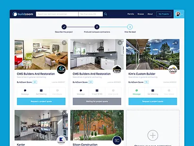 BuildZoom Redesign blue cards list profile quote search steps