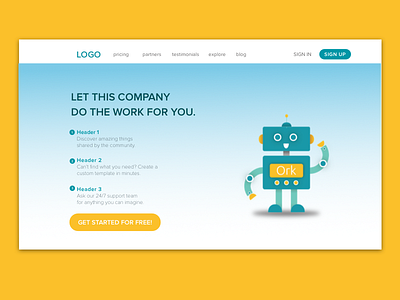 Landing Page 003 003 above the fold branding dailyui illustration landingpage robot turquoise yellow