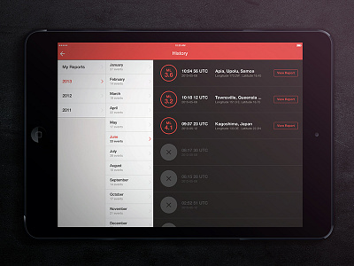 QuickQuake app application dark dashboard ios ipad ui user interface