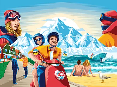 Anniversary illustration anniversary illustration mountains ocean snowboarding surfing travel vector