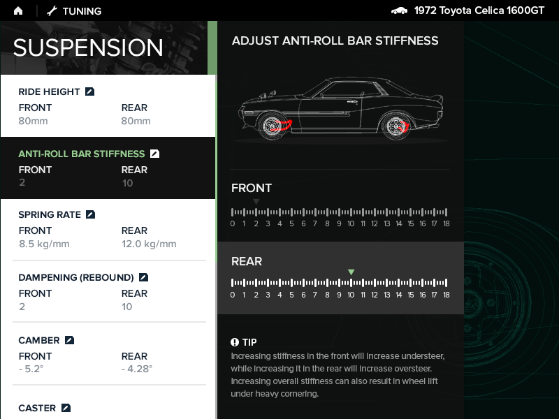 Settings UI celica dailyui racing settings suspension tuning video game