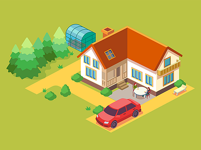 Iso House flat house scene summer vector