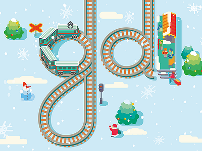 Railway illo flat new year railway snow vector winter