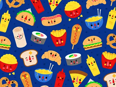 Foodies burrito corndog fries hamburger hotdog illustration pizza popcorn pretzel ramen sushi taco