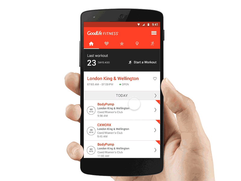 GoodLife Fitness android animation app framerjs gym material mobile prototype red simple