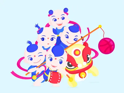 Happy Chinese Dolls children dribbble illustration