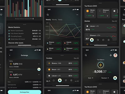 Crypto Mobile App UI/UX - All Screens app design blockchain branding btc chart crypto cryptocurrency dashboard eth exchange fullscreen ios mobile app money product design saas statistics transaction ui uiux