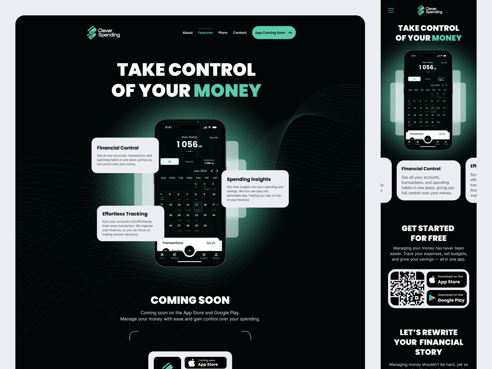 Clever Spend clever spend dark mode green landing page mobile app startup subscription website design