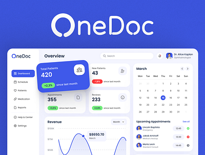 OneDoc – Medical Dashboard for Scheduling & Patient Management admin panel clean ui dashboard ui data visualization figma design healthcare tech healthcare ui medical dashboard modern design patient management scheduling system uiux design user experience ux case study web app design