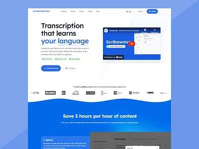 AI-Powered Transcription Service UI ai automation ai transcription audio to text automation tool blue aesthetic clean layout content creators digital tool efficient workflow gdpr compliant interactive ui minimalist ui modern design speech recognition text converter ui design user friendly ux design ux ui video transcription