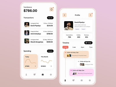 Influencer Finance & Collaboration App Design clean design collaboration tool content creator dashboard ui finance tracker financial insights influencer app minimalist app mobile banking modern ui money management profile overview timeline view transaction history ui ui design ux ux design ux ui ux ui design