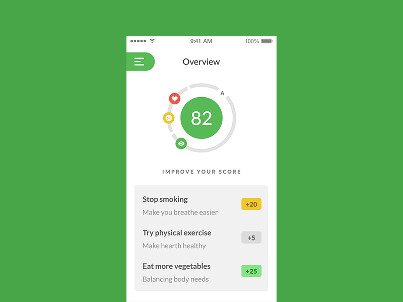 Health Score Menu Interaction animation app application data flat fun green health healthcare healthcare app interaction medic medical medical app medical care motion startup visualization