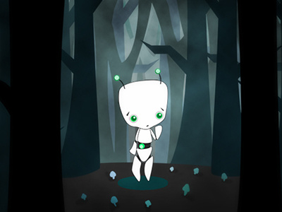 Lost Robot android cute dark forest illustration lost mushrooms robot scared trees