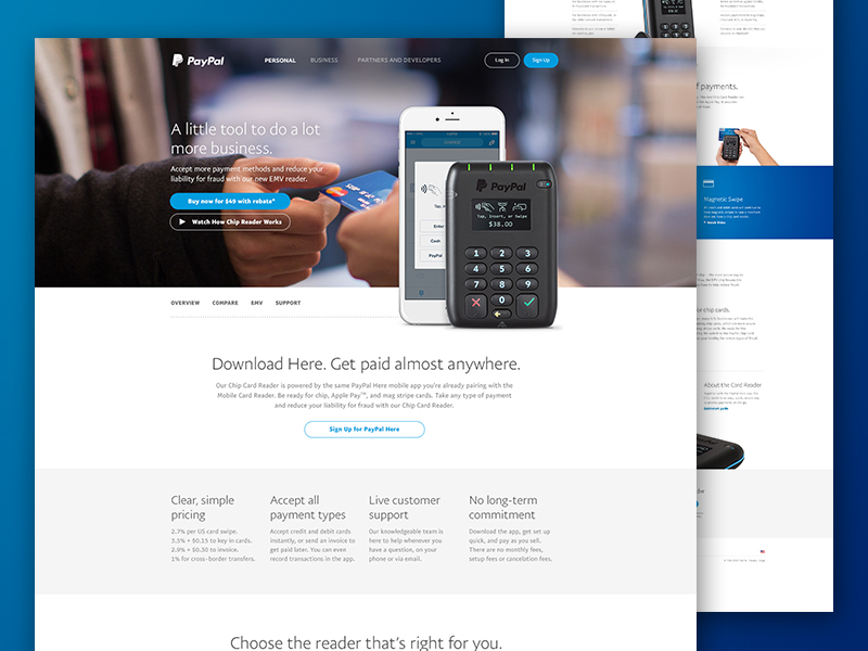 PayPal EMV Reader credit card cta device gradient hero mobile paypal photography product webpage website