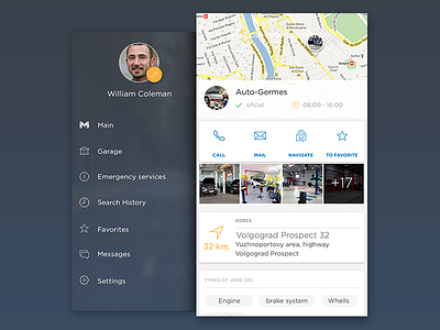 Mechanik side menu and info car info ios iphone menu navigation profile service stations sidemenu ui ux