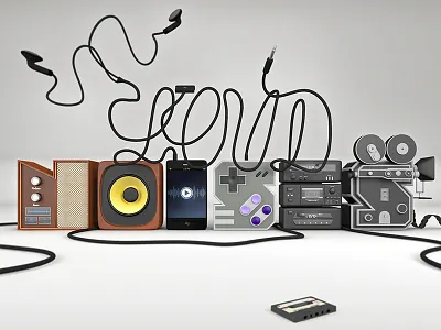 Loud Noises 3d c4d cords game controller iphone speaker stereo typography