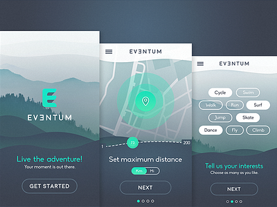 Eventum Rebound adventure distance interests kilometer location map mobile design mountains radar tags ux ui waves