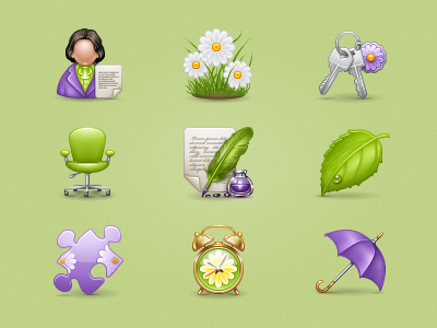 Icon Set alarm clock chair feather flower icon inkpot key leaf puzzle umbrella