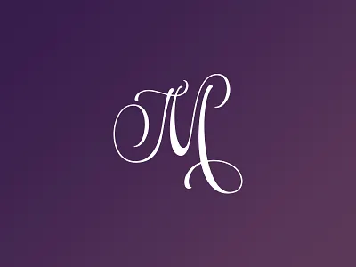 M brand branding curves emblem harmony initial letter logo purple swash titling typography