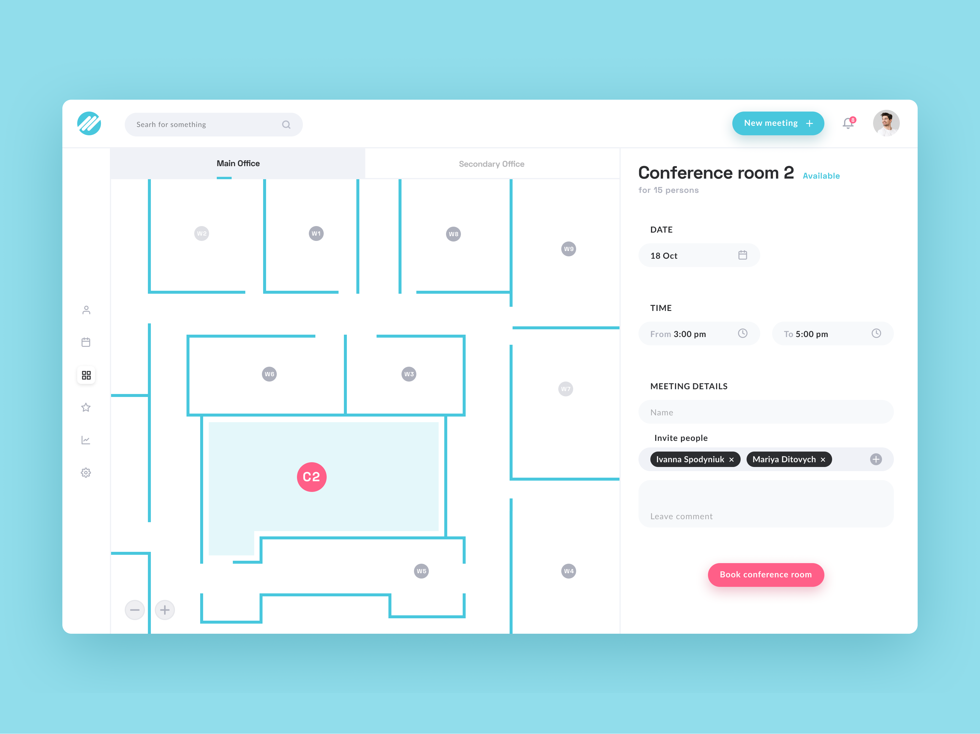 Conference Room, Workspace Booking UI app booking booking system clean ui create meeting dashboard meeting managment meeting room booking minimal ui office managment product design saas design ui ui design ui inspiration uiconcept user experience user interface web app workspace planner