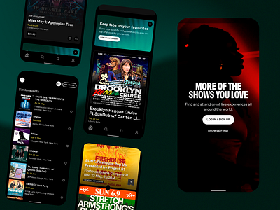 ShowFinder Mobile Application app screens app ux brooklyn cruise concert app dark mode event event calendar event discovery event ticketing events finder live live events live music mobile app mobile app design shows ticket purchasing app user experience ux uxui