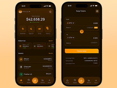 Crypto Trading Wallet – Dark UI Concept bitcoin exchange blockchain technology crypto dashboard crypto wallet cryptocurrency app dark mode ui digital assets ethereum wallet financial app design fintech design investment tracker minimal ui mobile app ui mobile finance app modern fintech token swap ui trading platform uiux design ux ui web3 design