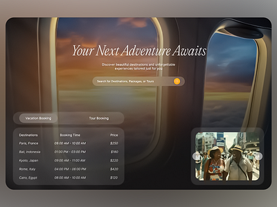 Travel Booking UI Concept booking system clean layout destination search elegant design flight search glassmorphism ui interactive ui luxury travel minimal ui modern aesthetic smooth navigation travel booking typography focus ui ui design ui inspiration user experience ux ux design web interface