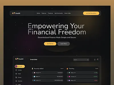 VaultX - Finance Website Design crypto dashboard crypto trading decentralized finance digital assets elegant design finance ui fintech ux interactive ui investment platform minimalist ui modern web saas dashboard token tracker trading ui ui inspiration ux animation ux design wallet interface web3 design
