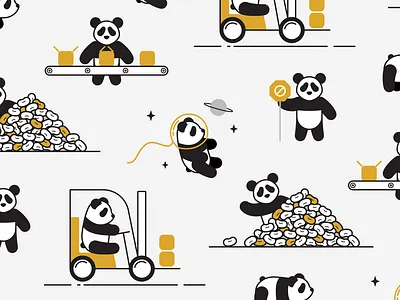 Panda Illustrations beans cartoon food forklift illustration industrial manufacturing panda space warehouse yellow