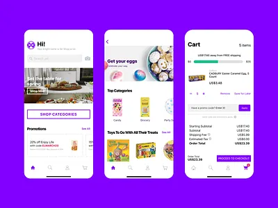 Shop-a-Lot: E-commerce App app app design bright mode cheerful design design e commerce easter theme mobile app mobile commerce mobile ui mobile ux online shopping product catalog promotions shopping cart ui ui design ux ux design uxui