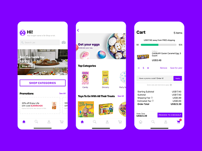 Shop-a-Lot: E-commerce App app app design bright mode cheerful design design e commerce easter theme mobile app mobile commerce mobile ui mobile ux online shopping product catalog promotions shopping cart ui ui design ux ux design uxui