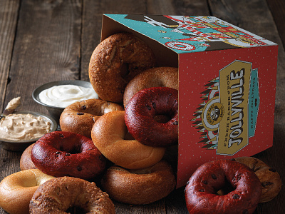 EBB Jollyville Bagel Box bagels christmas coffee illustration lights mountains presents