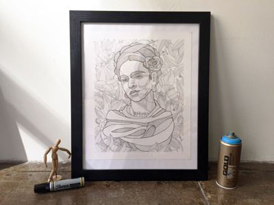 Frida Kahlo version #10 bristol drawing floral framedart frida hatching illustration ink lineart