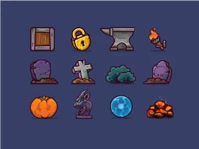 Game elements anvil bushes cross drawer game gargoyle icon locking pumpkin slab tomb torch