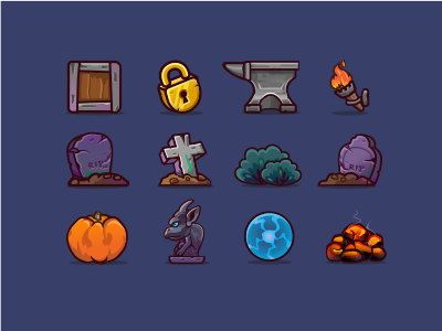 Game elements anvil bushes cross drawer game gargoyle icon locking pumpkin slab tomb torch