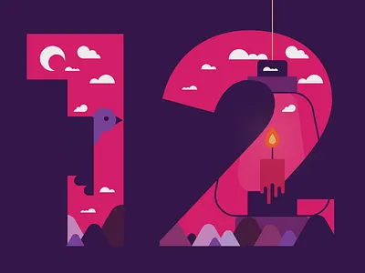 12 bird clouds flame illustration lamp moon mountains night number