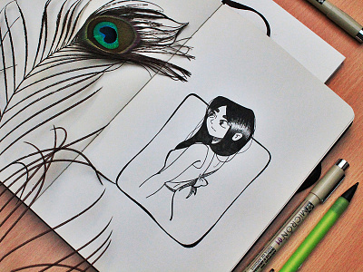 Girl black frame girl green hair micron moleskine peocock feather