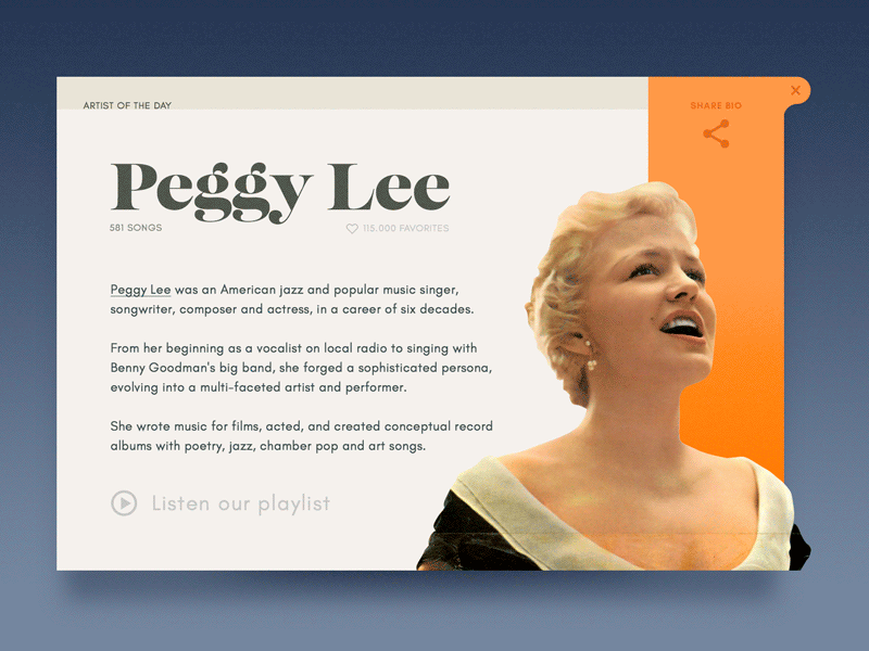 #010 #DailyUI Social Share 010 bio card dailyui martini in the morning peggy lee social media social share