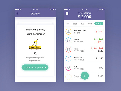 Moneytor App. No tracking = less money. app balance banking charity dotation icons ios material money tracking ui ux