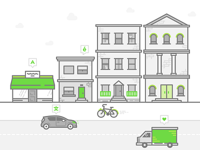 Hood apartment architecture bicycle building car flat illustration minimal prius store vector