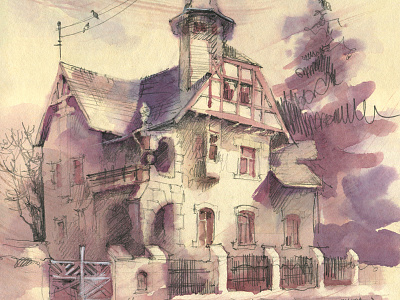 House architecture building cottage house watercolor