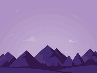 Mountains clouds comet flat illustration landscape mountains purple stars sun