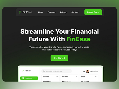 Financial Dashboard Landing Page clean layout conversion focused dark mode data visualization finance ui financial dashboard fintech design interactive ui landing page minimalist ui modern aesthetic money management professional ui responsive design ui deign ui ux user experience ux design web design web interface