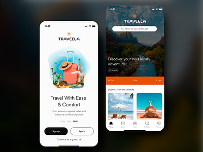 Luxury Travel App UI Design booking ux clean design hotel search interactive ui luxury travel minimal interface mobile ui modern feel navigation bar onboarding ux personalization ux seamless booking travel app travel rewards ui design user engagement ux design ux ui vacation planner visual aesthetic