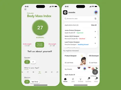 Minimal Job & Health Tracker Mobile App application tracker clean design dashboard ux data visualization green palette health app interactive ui intuitive interface job search job tracking minimal ui mobile ux modern layout personalized ux smooth navigation typography balance ui design user friendly ux design ux ui
